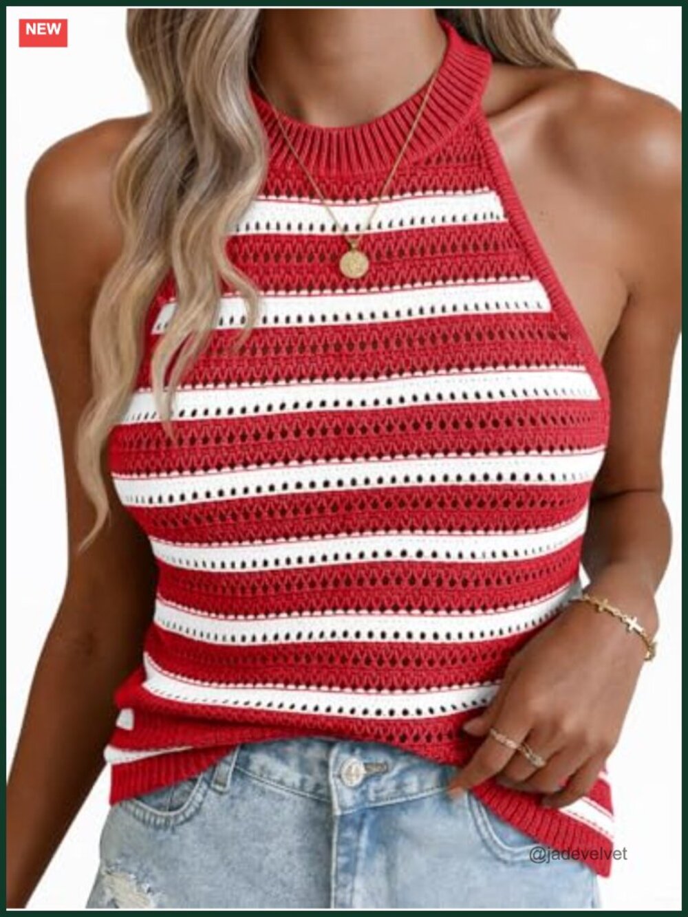 Crochet Halter Tank Top Striped Sleeveless Knit Summer Top Loose Vest